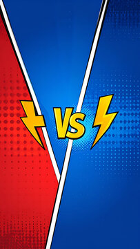 Comic book versus background, battle or competition concept, red vs blue divided split screen with lightning bolts and halftone dots