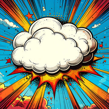Comic book style explosion, a white fluffy cloud emanating from a bright orange and red burst, starburst background, retro pop art effect