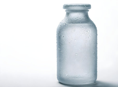 Frosted glass bottle minimal white background condensation cold product photography
