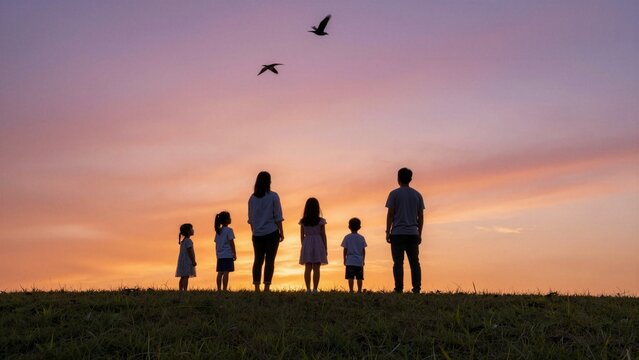 A family of six stands in silhouette on a grassy hill watching birds fly against a vibrant sunset sky.