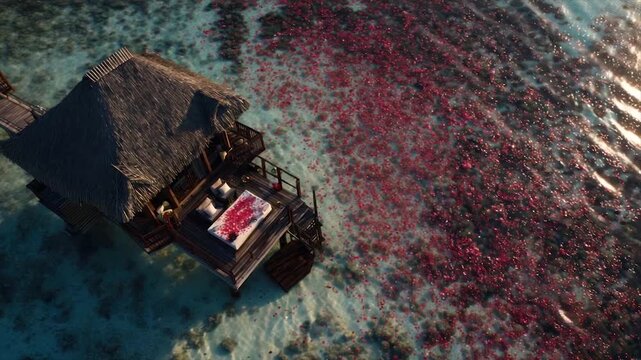 Aerial view of overwater bungalow, dining area, and scattered red petals in ocean
