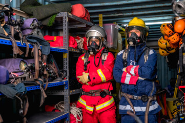 Fototapeta premium Brave male firefighters in full protective gear, helmet, and smoke mask respirator, fully equipped and standing ready to deploy for a dangerous emergency response mission