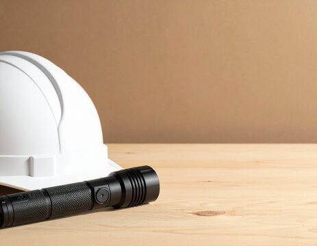 Emergency safety helmet and flashlight resting on a wooden table in soft daylight, disaster readiness with copy space