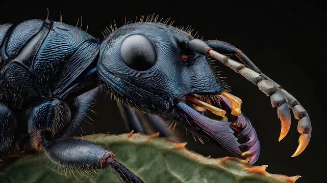 A highly detailed macro shot of an ant, showcasing its intricate anatomy and vibrant colors