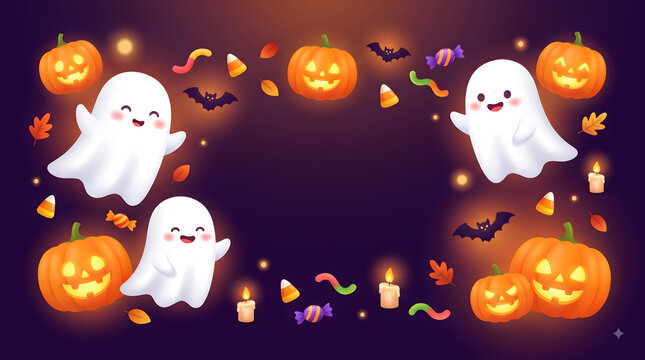 Cute halloween background with friendly ghosts and glowing jack o lanterns on a dark purple festive backdrop