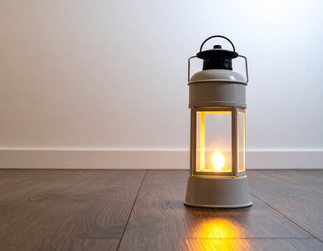 LED lantern glowing warmly in a dark room, Japanese emergency lighting for a power outage with copy space