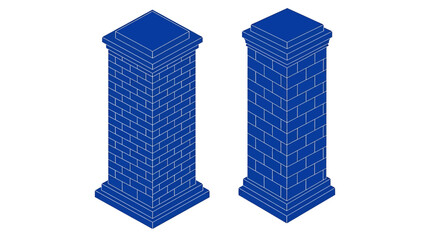 Fototapeta premium Set of two isometric brick pillars or columns with detailed texture for architectural and construction design projects