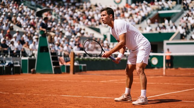 A male tennis player in white holds his racket ready to receive a serve on a red clay court in a stadium, competitive sports moment, athletic competition, intense focus.