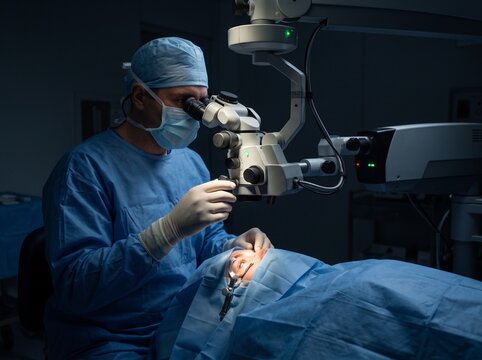 A specialized surgeon uses an advanced microscope to perform eye surgery on a patient in a sterile clinic, medical precision, advanced healthcare.