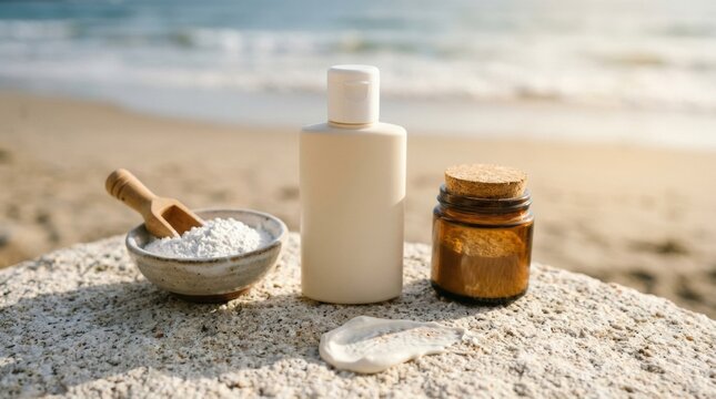 Mineral sunscreen with zinc oxide and titanium dioxide beside beach protection skincare products