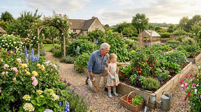 Grandfather and granddaughter picking fresh tomatoes in a cottage garden, celebrating family bonding and intergenerational connection on Grandparents Day.