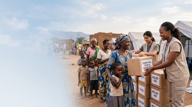 Humanitarian aid workers distributing relief boxes with food and supplies to refugees in African village camp