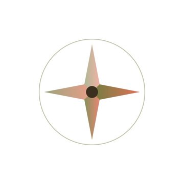 Retro-futurist coral and olive compass star geometric badge rotates ninety degrees in sharp steps while pulsing in scale at each step