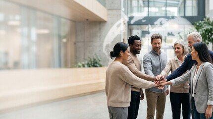 Fototapeta premium Diverse team of business professionals joining hands in a modern corporate office for collaboration and unity