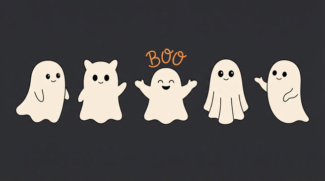 A line of five cute ghosts featuring one little spirit waving and another jumping with a boo text above