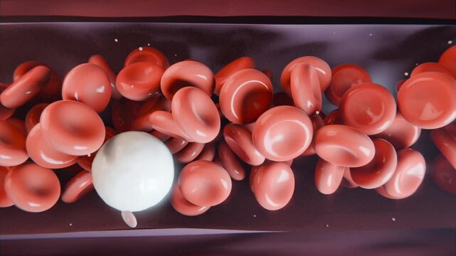 Flowing red blood cells sliding around white spherical cell inside vessel, platelets drifting