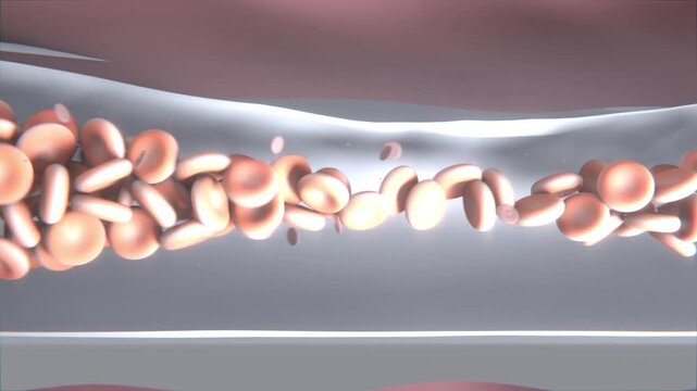 Flowing red blood cell column rotating, shedding while pulse pushing through vessel lumen, plasma