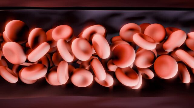 Flowing red disc-shaped cells rolling through channel, entering left, stacking under pink light