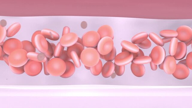 Streaming red blood cells rotating in vessel, leukocyte entering, centering and pushing platelets