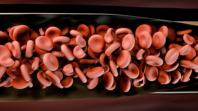Pushing red blood cells tumbling moving through vessel lumen, driven by flow near maroon walls