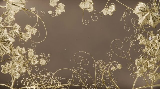 Entering frame thin gold stems unfurling into filigree vines on warm brown backdrop, framing center