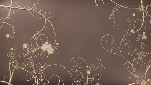 Entering pale-gold vines opening filigree and buds on warm brown backdrop with sparks and white dot