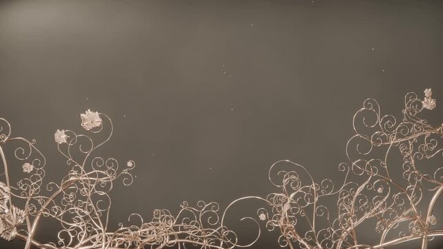 As stems enter, copper filigree growing across studio backdrop with floral, speckles, highlights