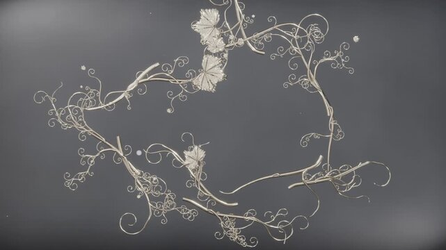 Emerging pale vines unfurling forming wreath over dark-gray studio table with filigree fans