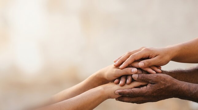 Diverse hands stacked together showing unity, support, teamwork, and human connection in care