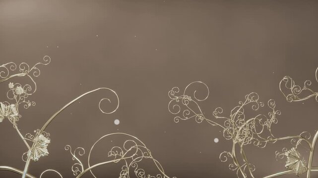 Rising vines unfurling from lower edges on warm sepia backdrop into tendrils around two pale orbs