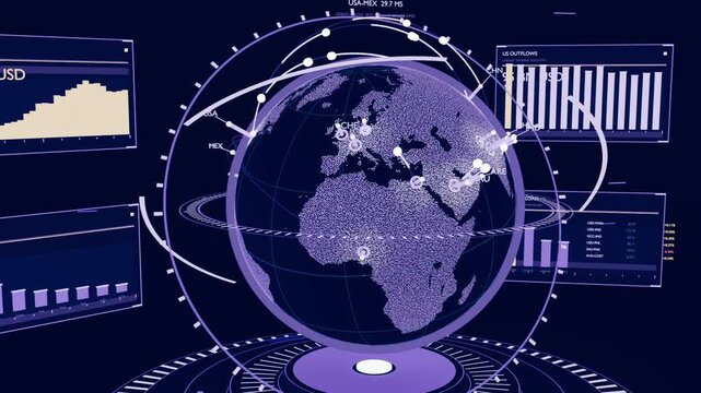 Appearing hologram globe rotating, pulsing nodes tracing arcs mapping flows updating HUD in studio