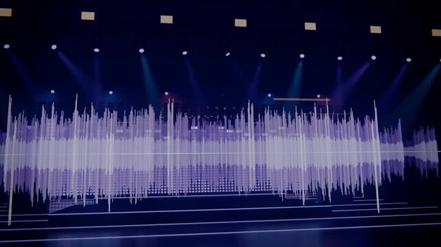 Pulsing white waveform display reacting to audio peaks on stage LED screen, with equalizer grid