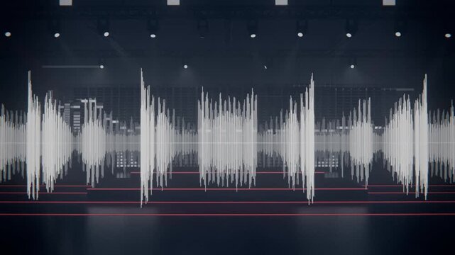 Reacting to audio input, white waveform growing and densifying in dark studio, with red guides