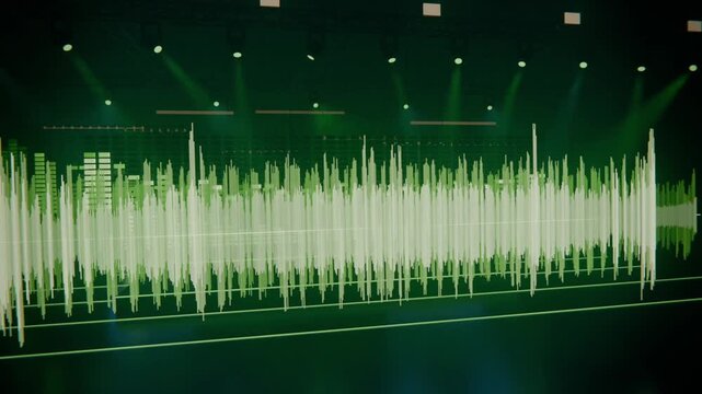 Reacting to audio, green waveform display pulsing, shifting on dark stage, with left EQ bars