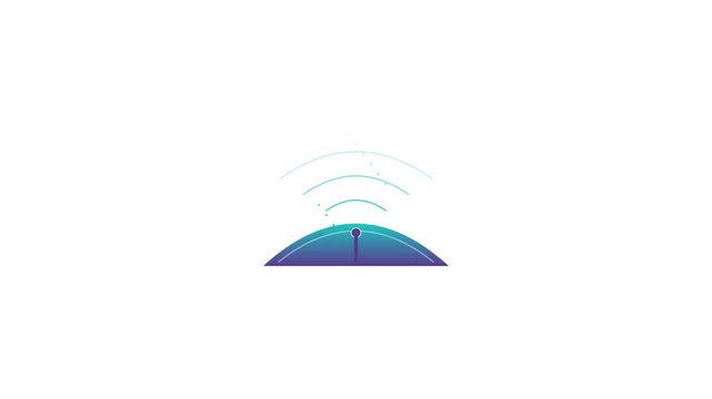 Space-age electric turquoise and deep purple radar parabola beam emitter emits expanding arc waves from the focus point scattering glowing particle sparks