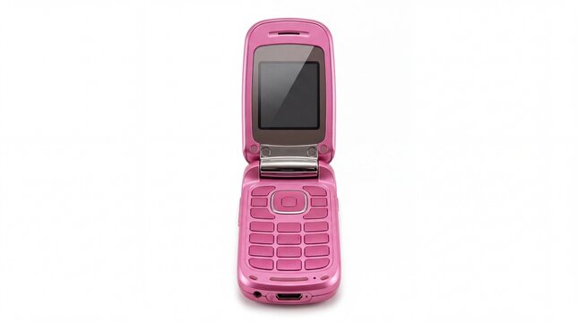 Bright pink vintage flip mobile phone displayed in studio lighting setup isolated on white background