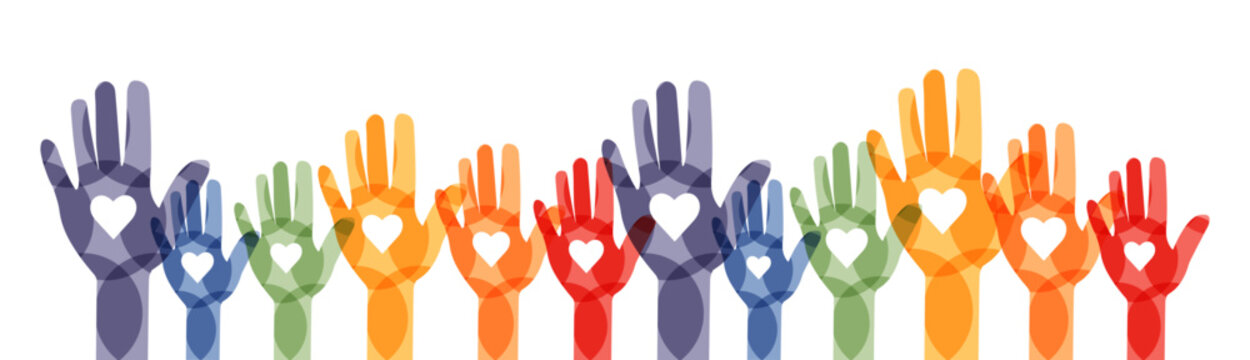 Raised hands. Volunteering, teamwork concert.