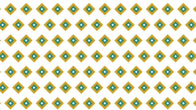 Atomic-age diamond starburst pattern in gold and turquoise scrolls diagonally across the frame with seamless tiling and rotating starburst nodes