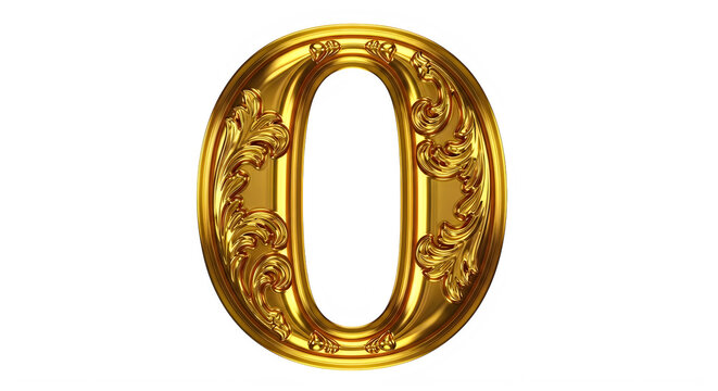 Beautiful golden decorative number zero with intricate ornate design details transparent background