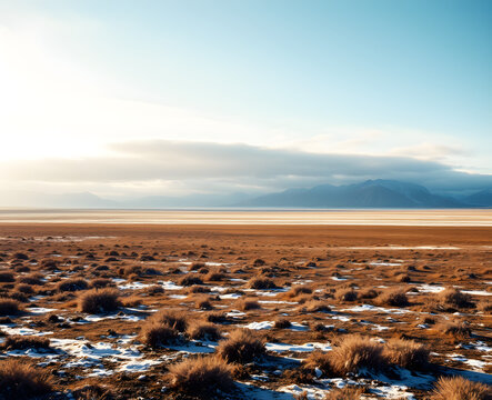 Plaine aride et sauvage sous un ciel d&eacute;gag&eacute; au lever du soleil dor&eacute;, herbes s&egrave;ches et sol givr&eacute; en hiver, paysage steppique paisible et vaste &eacute;tendue naturelle