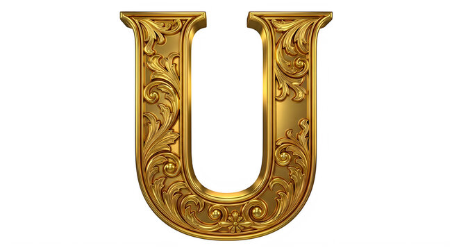 Elegant Gold Ornate Letter U Decorative Graphic Design Element Isolated transparent background