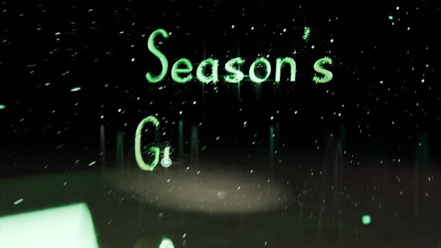 Merging green particles forming glowing text in void, spelling Season's Greetings with snow, mirror