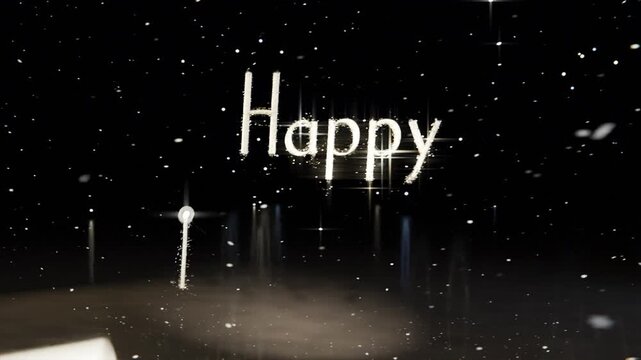 Appearing spark particle tracing Happy New Year text in dark studio to form festive greeting