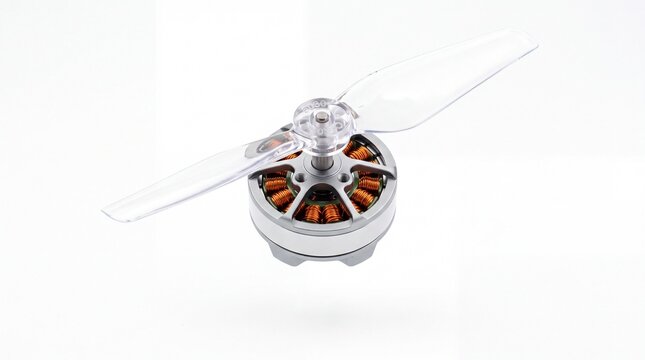 Brushless dc electric motor with clear plastic propeller isolated for remote controlled aircraft on white background