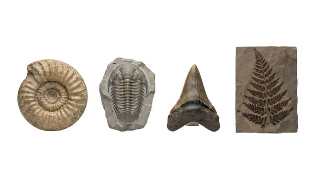 A collection of ancient prehistoric fossils including an ammonite trilobite shark tooth and a fern leaf on black background