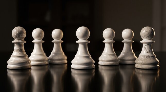 White chess pawns with national flags on dark board with dark reflective surface engraved national displays white international competition