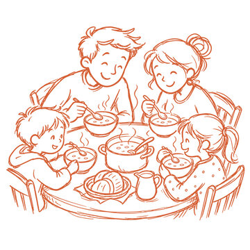Family enjoying hot soup at dinner
