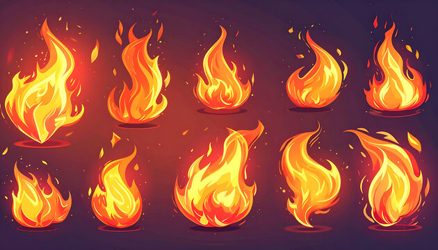 collection of pixel art flames and fire elements, glowing embers and sparks, energy and heat