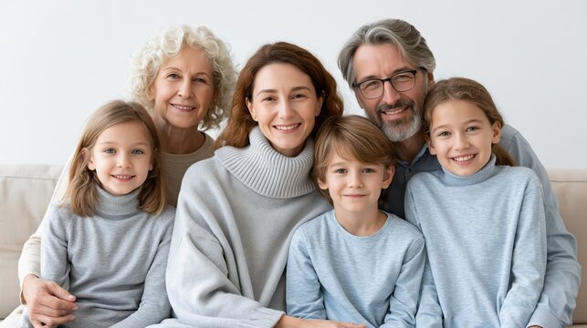 Multigenerational family portrait: grandparents, parents and children sitting together
