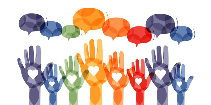 Raised hands with chat bubbles. Colourful design.